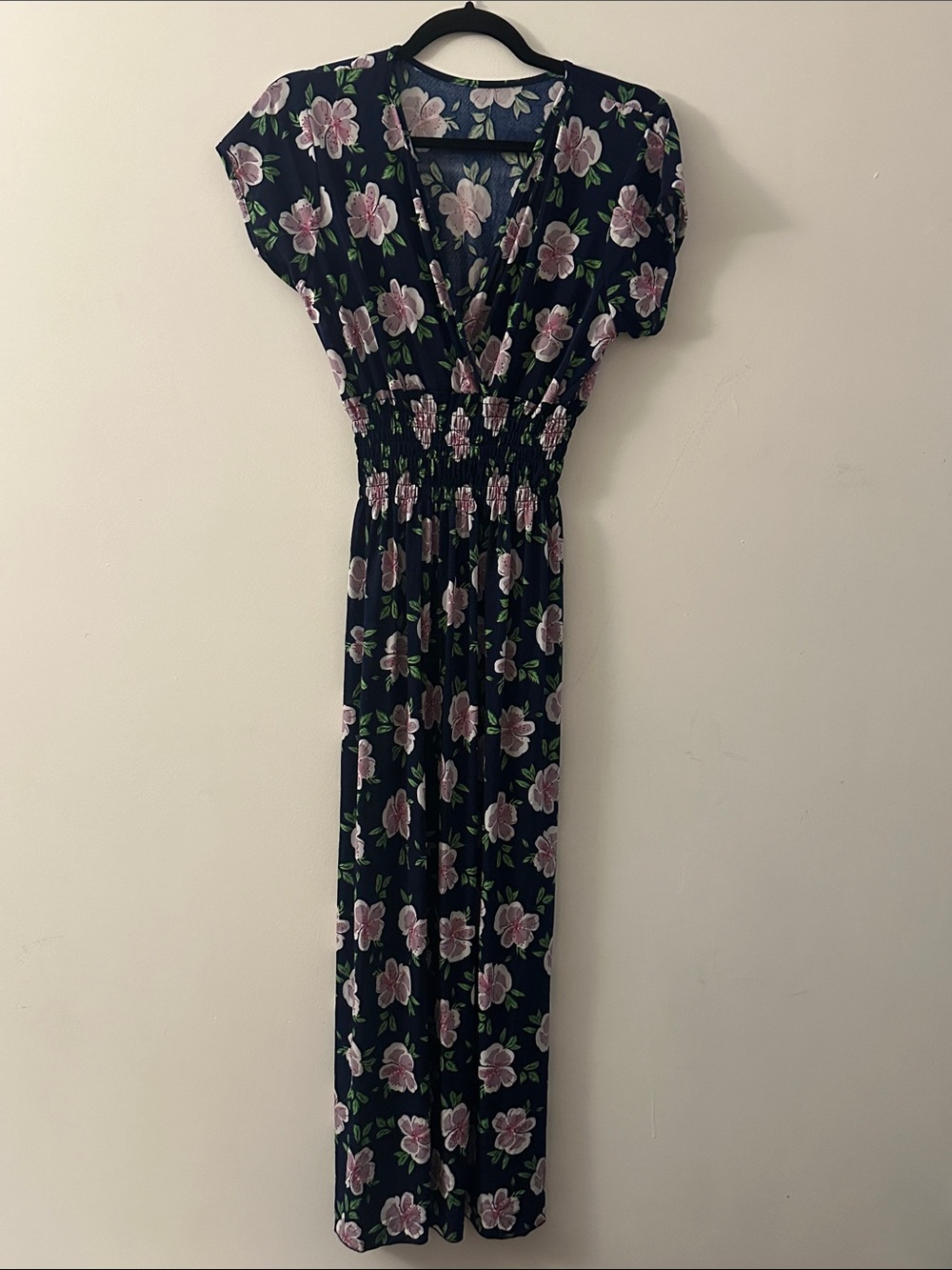Black Floral Maxi Dress with Pink Blossoms and Smocked Waist